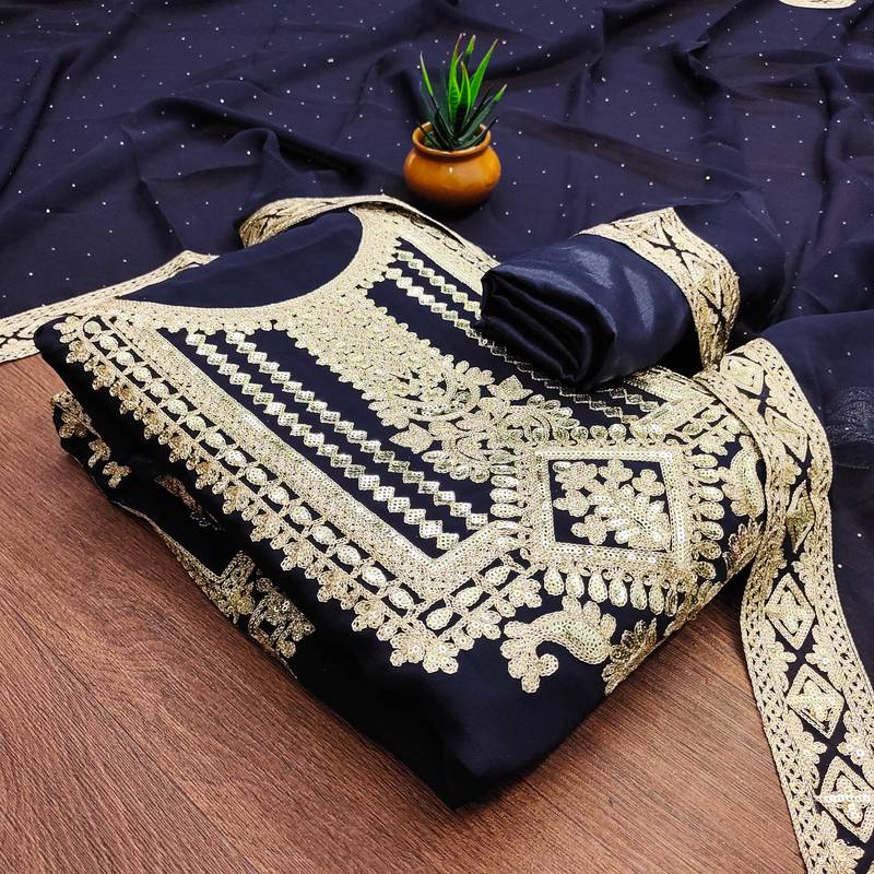 blue georgette embroidered dress material