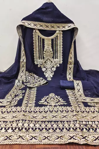 blue georgette embroidered dress material