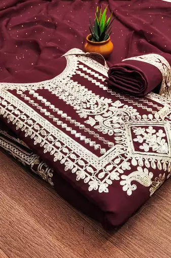 maroon georgette embroidered dress material