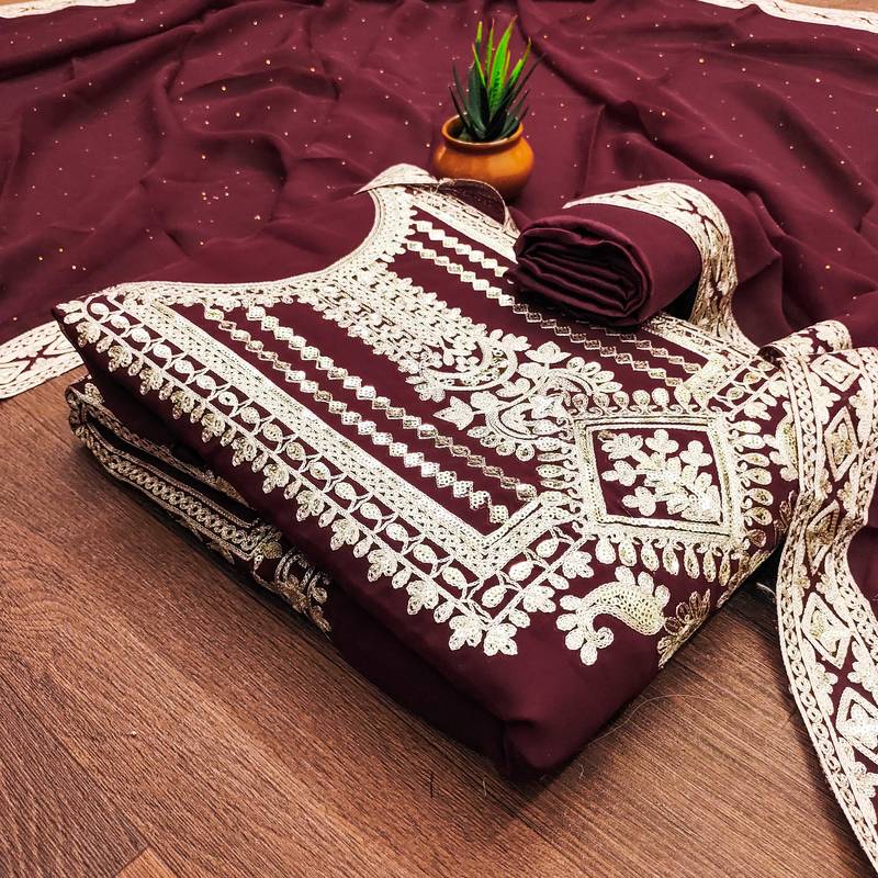 maroon georgette embroidered dress material