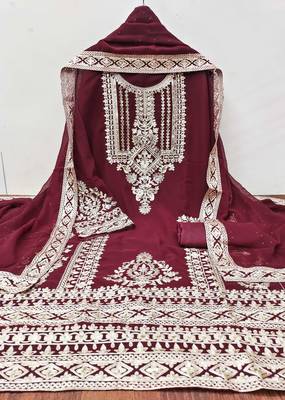 maroon georgette embroidered dress material 3