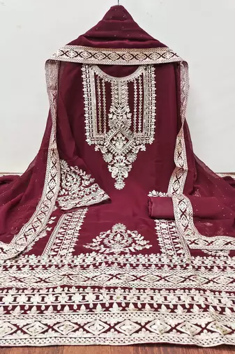 maroon georgette embroidered dress material