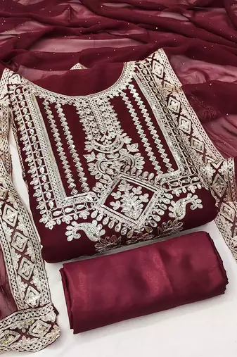 maroon georgette embroidered dress material