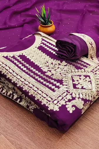 purple georgette embroidered dress material