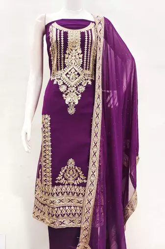 purple georgette embroidered dress material