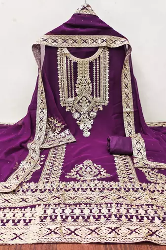 purple georgette embroidered dress material