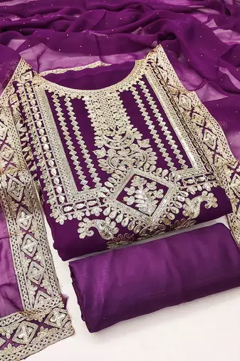 purple georgette embroidered dress material