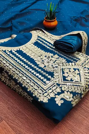 teal blue georgette embroidered dress material