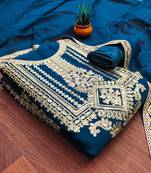 teal blue georgette embroidered dress material