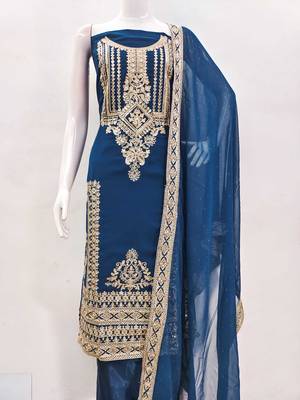 teal blue georgette embroidered dress material 2