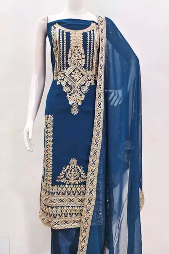 teal blue georgette embroidered dress material