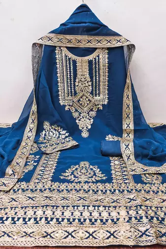 teal blue georgette embroidered dress material