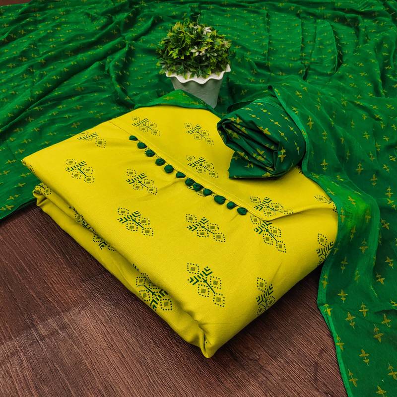 yellow cotton printed dress material