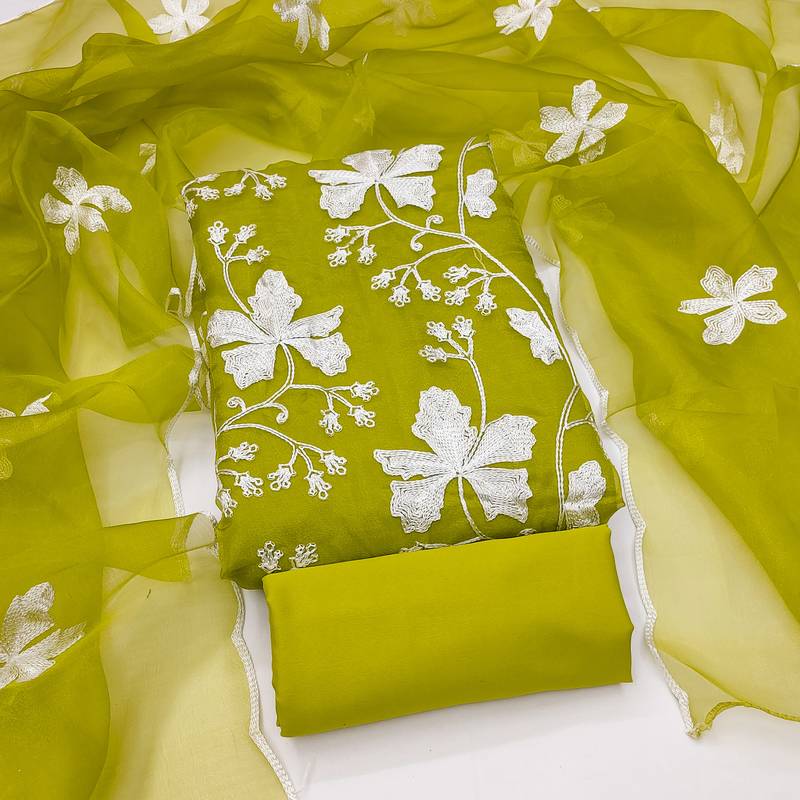 light green organza embroidered dress material