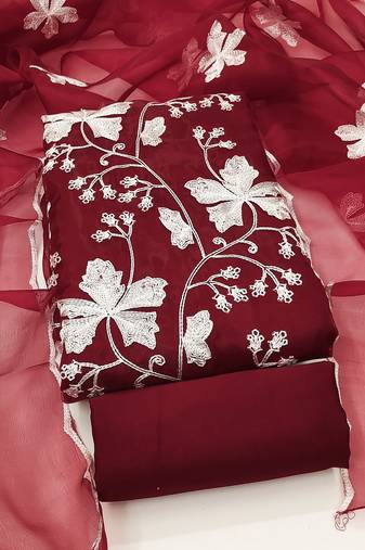 maroon organza embroidered dress material