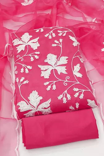 pink organza embroidered dress material