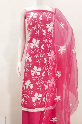 pink organza embroidered dress material