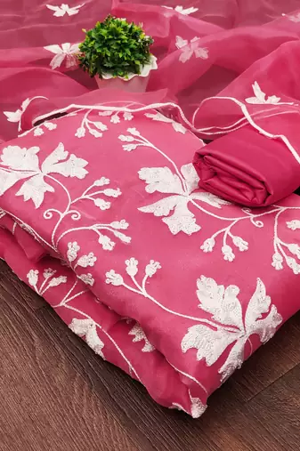 pink organza embroidered dress material