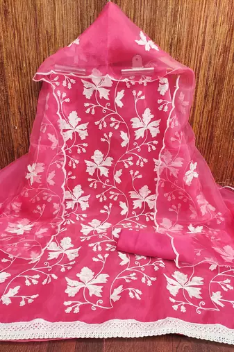 pink organza embroidered dress material