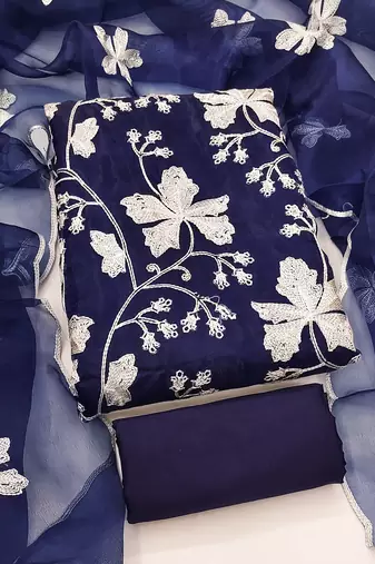 royal blue organza embroidered dress material