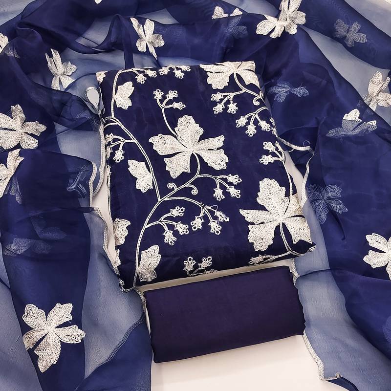 royal blue organza embroidered dress material