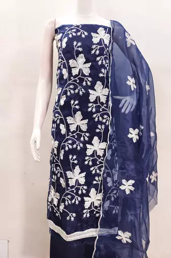 royal blue organza embroidered dress material