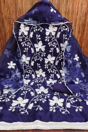 royal blue organza embroidered dress material
