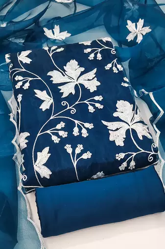 teal blue organza embroidered dress material