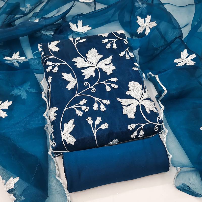 teal blue organza embroidered dress material