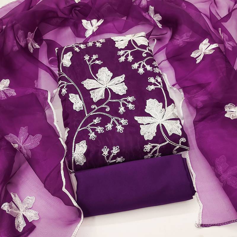 violet organza embroidered dress material