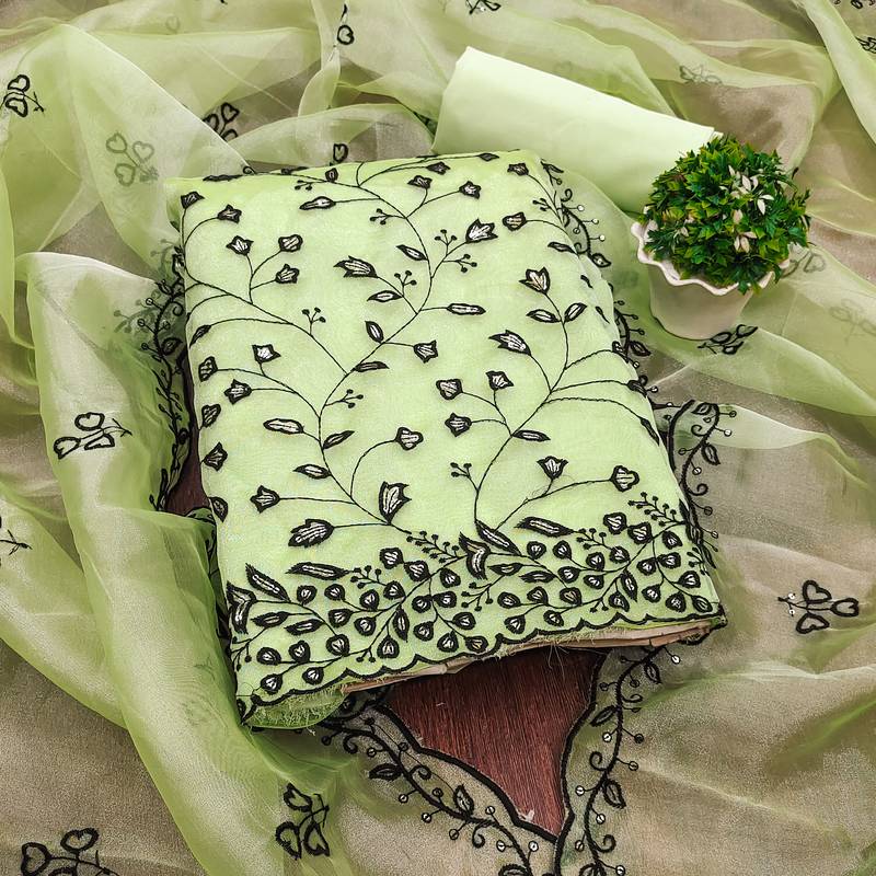 light green organza sequins dress material