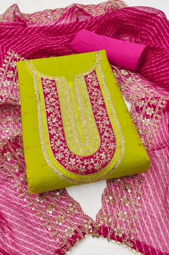 green chanderi silk embroidered dress material