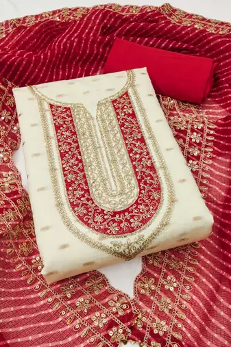white chanderi silk embroidered dress material