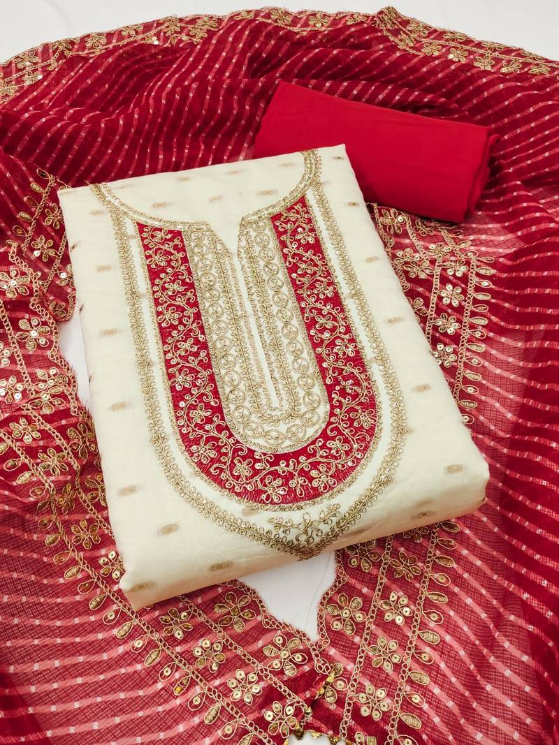 white chanderi silk embroidered dress material