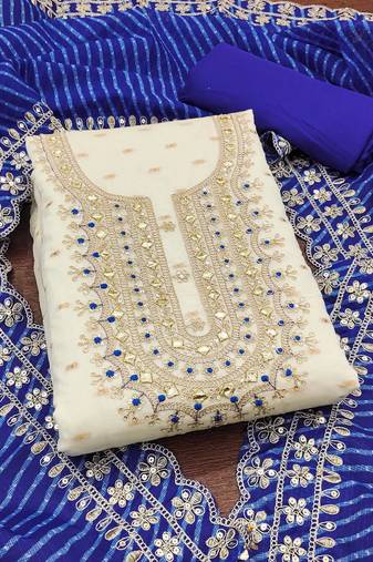 white chanderi silk embroidered dress material