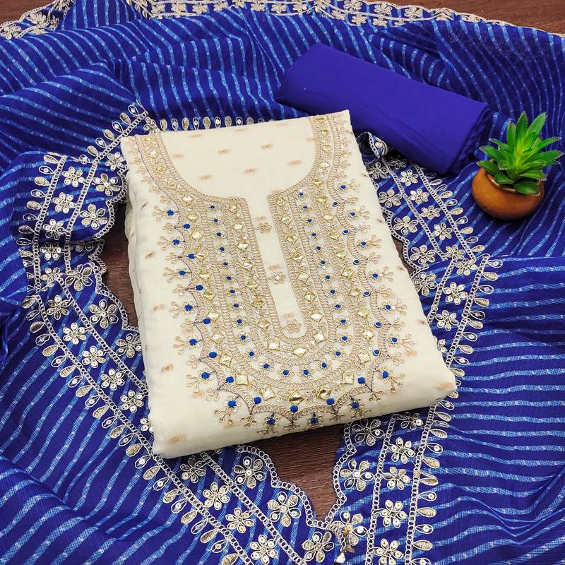 white chanderi silk embroidered dress material