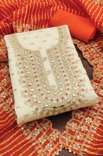 white chanderi silk embroidered dress material