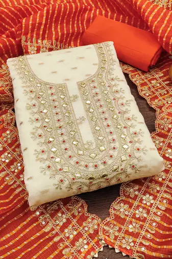 white chanderi silk embroidered dress material