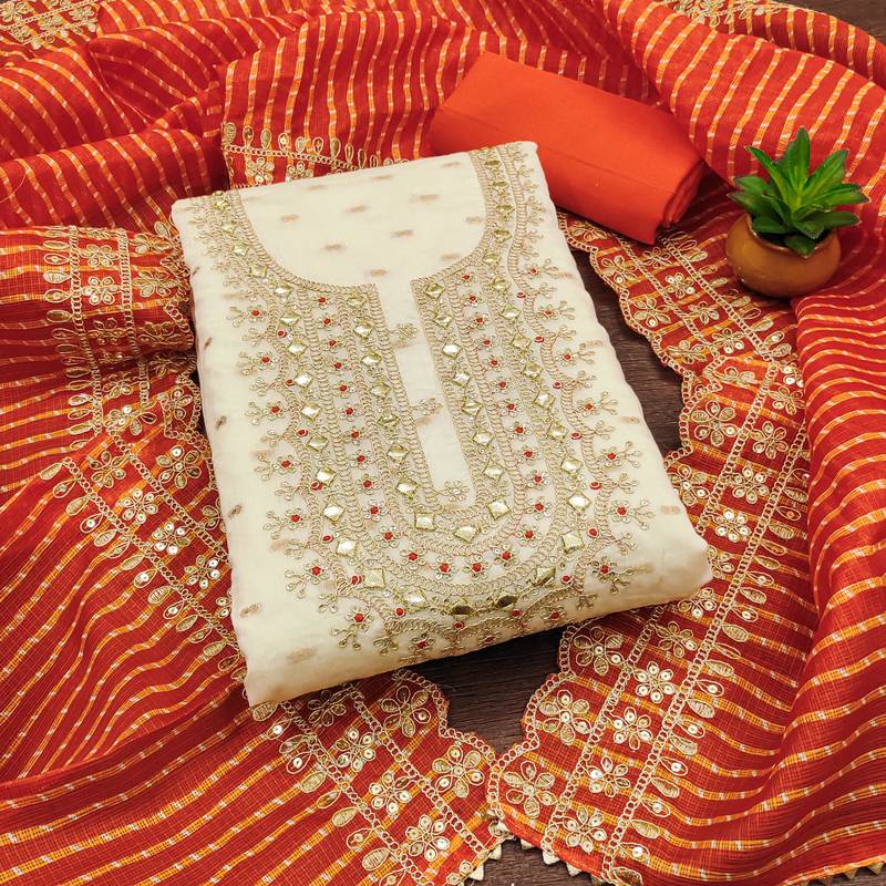white chanderi silk embroidered dress material
