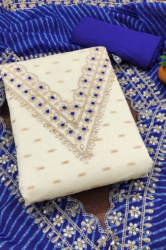 white chanderi silk embroidered dress material