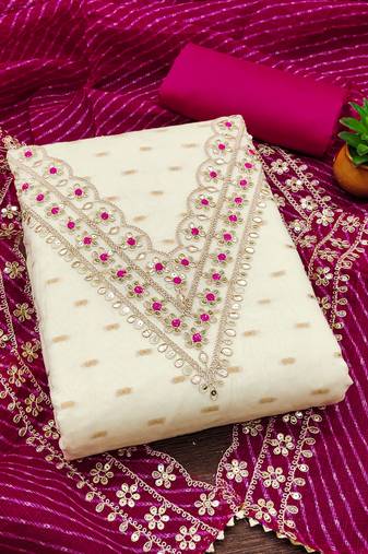 white chanderi silk embroidered dress material