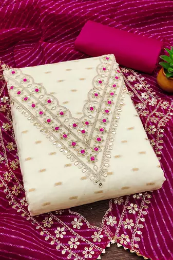 white chanderi silk embroidered dress material