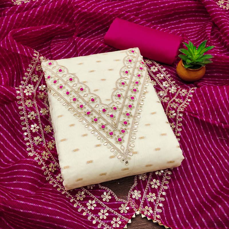 white chanderi silk embroidered dress material