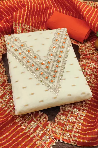 white chanderi silk embroidered dress material