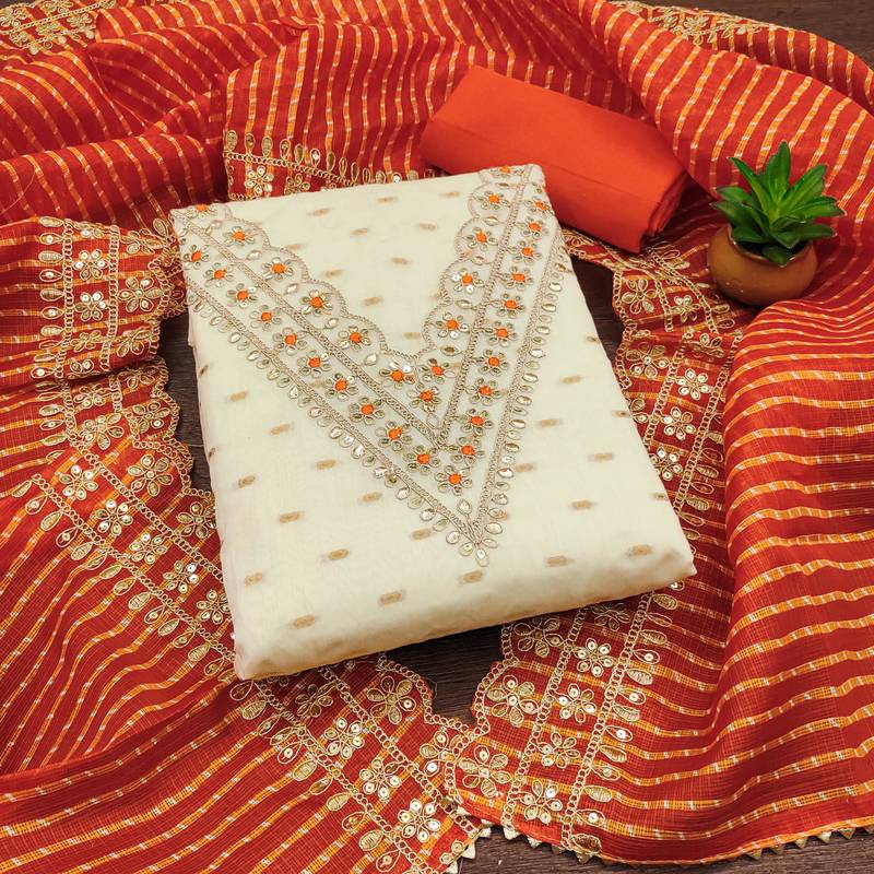 white chanderi silk embroidered dress material