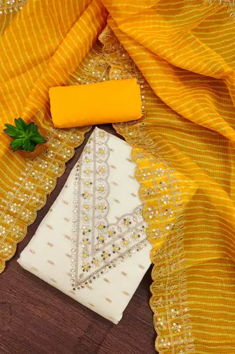 White embroidered chanderi silk churidar dress material