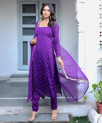purple printed regular kurta with churidar & dupatta 1