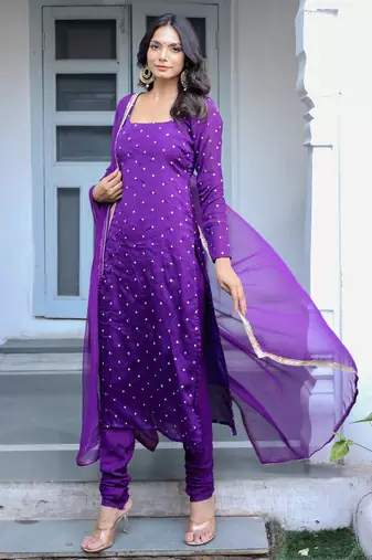 purple printed regular kurta with churidar & dupatta