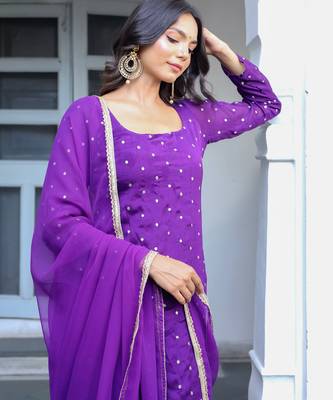 purple printed regular kurta with churidar & dupatta 3