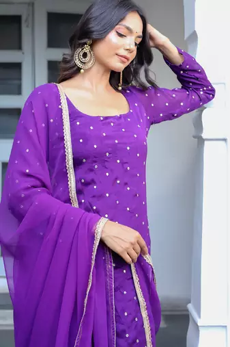 purple printed regular kurta with churidar & dupatta